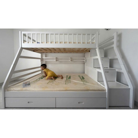 EU192 - White : Giường 2 Tầng, 2 Hộc Kéo + Cầu Thang Đảo Chiều, Giá Sách - Trên 1m / Dưới 1m4